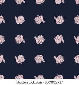 Simple style dark seamless nature pattern with light lilac magnolia flowers shapes. Navy blue background. Vector illustration for seasonal textile prints, fabric, banners, backdrops and wallpapers.