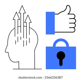 Simple style design with a head silhouette and upward arrows, a thumbs-up icon, and a lock symbol. Ideal for personal growth, positive reinforcement, security, mental health and motivation