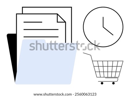 Simple style. Documents inside a blue folder next to a clock and a shopping cart. Ideal for business organization, time management, shopping, productivity, and office work themes