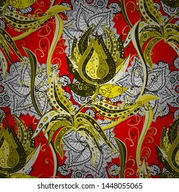 In simple style. Endless curl ornament. Sketch, doodle, scribble on yellow, white and red colors. Can be used for greeting cards, invitations, logo, printing on fabric. Vector. Seamless swirl pattern.