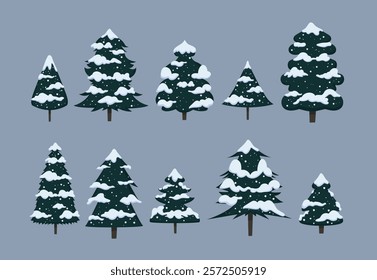 Simple style evergreen trees covered with snow vector illustration set. Cute hand drawn winter holiday snowy Christmas trees graphic elements. For cards, decor, or social media.