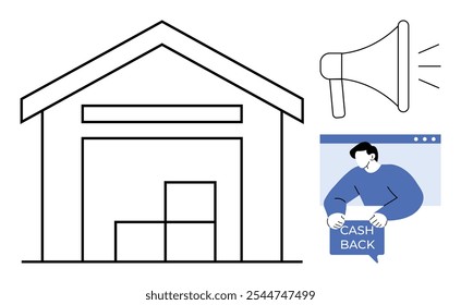 Gráfico de estilo simples com um armazém com caixas empilhadas, um megafone simbolizando anúncios ou promoções, e um homem segurando um sinal de reembolso. Ideal para soluções de armazenamento e comércio eletrônico