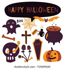 Simple style hand drawn Halloween set. Pumpkin, skull, ghost and mystical elements for graphic design.
