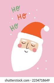 Simple Style Hand Drawn Santa Claus Cartoon Character On Pink Background And ”Ho, Ho, Ho”  Handlettering. Ideal For Holiday Poster, Greeting Card Or T-Shirt Print. Isolated Elements.