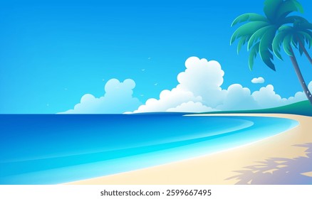 Simple style horizontal landscape illustration beach coconut trees and blue sky white clouds