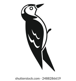 Icono de estilo simple de un pájaro carpintero blanco y negro parado en una rama y mirando hacia arriba