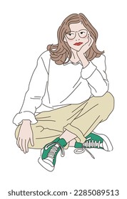 A simple style illustration of a cute, young female person drawn by hand. The girl is sitting with her glasses on.
