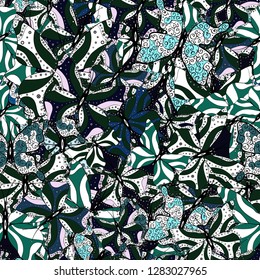 In simple style. An image of butterflies. Vector illustration. Tropical butterfly seamless pattern in blue, black and white colors. Doodle, sketch, scribble.