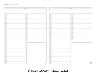 A simple style monthly planner. Note, scheduler, diary, calendar planner document template illustration.