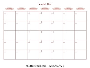 A simple style monthly planner. Note, scheduler, diary, calendar planner document template illustration.