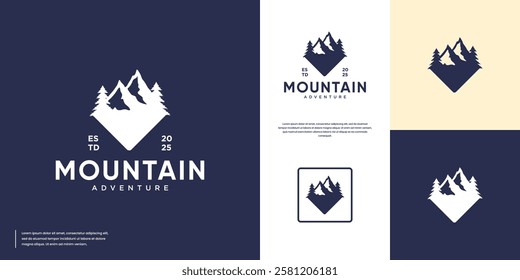 simple style mountain peak and pine tree logo, explorer, backpacker, vector template design.