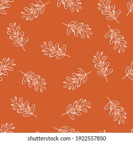 Simple style organic branches seamless outline pattern. Orange background. Minimalistic random print. Designed for fabric design, textile print, wrapping, cover. Vector illustration.