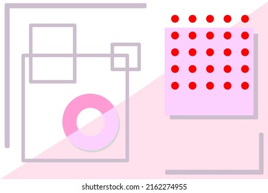 Simple style pattern large triangles squares of various sizes straight lines and circles the shape uses pink red gray tones.
On a white background.
With copy space.