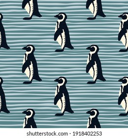 Simple style seamless arctic animal pattern with penguin ornament. Blue striped background. Zoo backrop. Graphic design for wrapping paper and fabric textures. Vector Illustration.