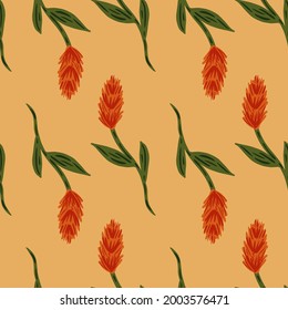 Simple style seamless farm pattern with red doodle ear of wheat ornament. Light pastel orange background. Graphic design for wrapping paper and fabric textures. Vector Illustration.