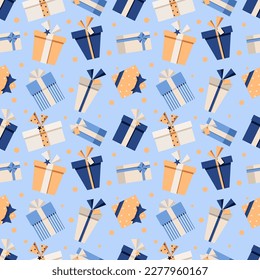 Simple style seamless pattern in blue and orange tones with gift boxes. Fatherhood and parenting. Every day moments. Love my daddy. Happy Fathers day lettering. The best dad ever.