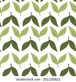 Simple style seamless pattern with minimalistic green leaves ornament. White background. Isolated print. Vector illustration for seasonal textile prints, fabric, banners, backdrops and wallpapers.