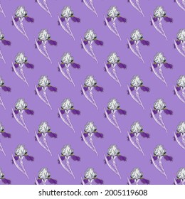 Simple style seamless pattern with small iris flower shapes. Purple pastel background. Cute floral print. Vector illustration for seasonal textile prints, fabric, banners, backdrops and wallpapers.