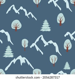 simple style seamless pattern. tree, mountains pines. Christmas pattern with tree. winter forest landscape. hand drawing vector. flat cartoon illustration. for kids textile, wrapping paper, wallpaper