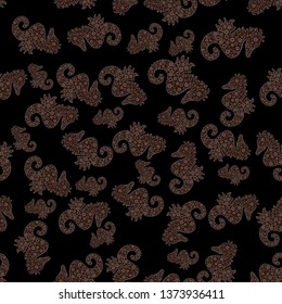 In simple style. Suitable for fabric, packaging. Watercolor. Seahorse isolated on brown, purple and black background. Vector. Cute girly seamless pattern drawn by hand. Picture. Clip Art. Illustration