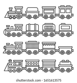 Simple Style Toy Trains and Wagons Set. Line Style Vector