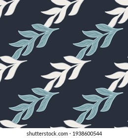 Simple style tropical branches seamless doodle pattern. Botany white and blue floral print on navy blue background. Designed for fabric design, textile print, wrapping, cover. Vector illustration.