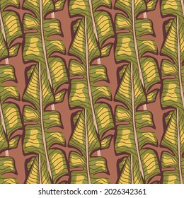 Simple style tropical seamless pattern with doodle green and yellow colored palm leaves print. Pink background. Graphic design for wrapping paper and fabric textures. Vector Illustration.