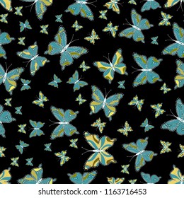 In simple style. Vector illustration. Tropical butterfly seamless pattern in black, blue and white colors. An image of butterflies. Doodle, sketch, scribble.