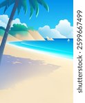 Simple style vertical landscape illustration coconut beach with sea