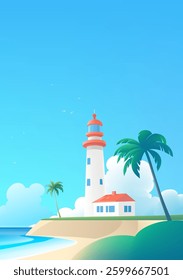 Simple style vertical landscape illustration of seaside lighthouse