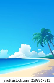 Simple style vertical landscape illustration beach coconut trees and blue sky white clouds