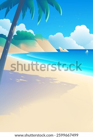 Simple style vertical landscape illustration coconut beach with sea