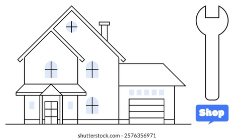 Simple styled house with garage attached, multiple windows, chimney, and entrance porch. Wrench symbolizes repair and maintenance. Shop icon provides commercial context. Ideal for home improvement