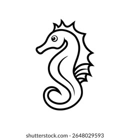A simple, stylised black and white illustration of a seahorse. The seahorse is depicted in profile, with a distinctive crown-like crest on its head and a curled tail.