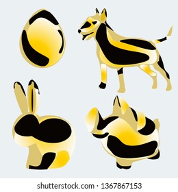 Simple stylised golden figures: golden egg, golden rabbit, dog and pig. Isolated on white vector illustration.