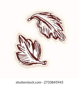 Simple stylised pair of leaves  motif in folk art sticker style. Leaf stem  branch black and white hand drawn vector isolated vintage abstract botanical bloom natural nature icon