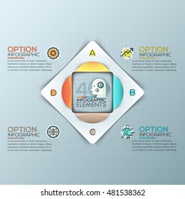 Simple stylish 4 piece with one center square icon label multicolor infographics template. Vector illustration. can be used for workflow layout, diagram, number options, web design.
