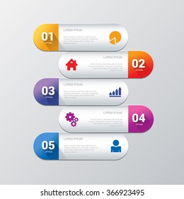 Simple stylish 5 horizontal rounded rectangle icon label multicolor infographics mockup template. Infographic background concepts collection.