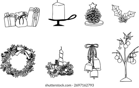 Simple and stylish black and white hand-drawn icon set for Christmas