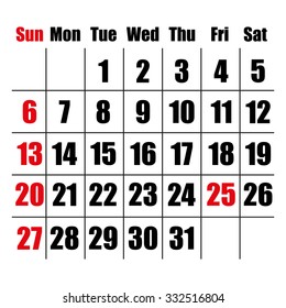 simple and stylish calendar in December 2015 with red date 25