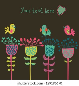 Simple stylish cartoon card. Cute birds on flowers in bright colors