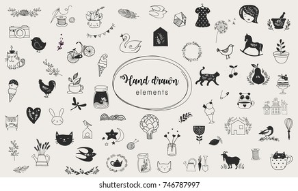 Simple and stylish collection of modern illustrations, vector hand drawn elements, doodles
