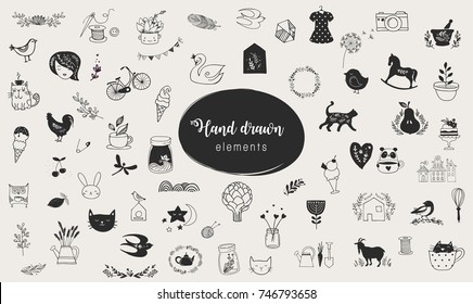 Simple and stylish collection of modern illustrations, vector hand drawn elements, doodles