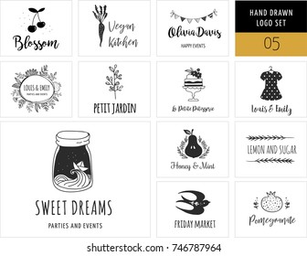 Simple and stylish collection of modern logos and illustrations, vector hand drawn elements, doodles