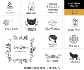 Simple and stylish collection of modern logos and illustrations, vector hand drawn elements, doodles