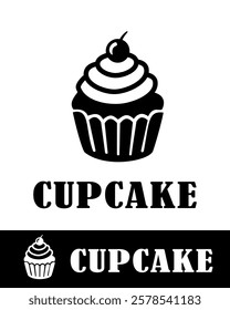  A simple and stylish cupcake logo with a cherry on top in black and white 