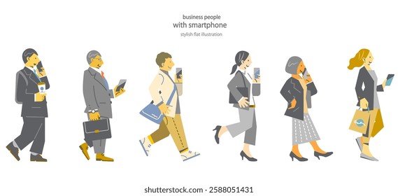 A simple and stylish flat illustration of a business person commuting while using a smartphone