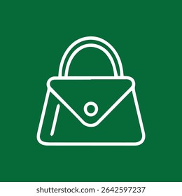 A simple stylish handbag is depicted in white outline, placed over a solid green background giving an elegant minimalist fashion accessory illustration.