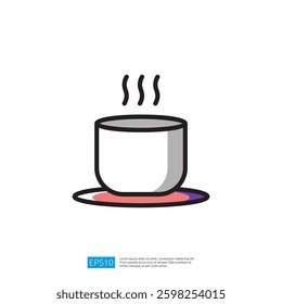 Simple, Stylish Icon of a Steaming Coffee Cup on a Plate in a Minimalistic Design