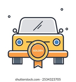 Ilustración simple y elegante de un coche dorado con una insignia de premio. La insignia significa logro y reconocimiento.